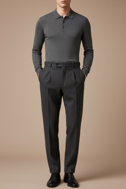 Pantalon Gris Laine Plissé Droit Élégant Homme