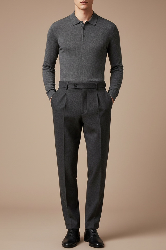 Pantalon Gris Laine Plissé Droit Élégant Homme