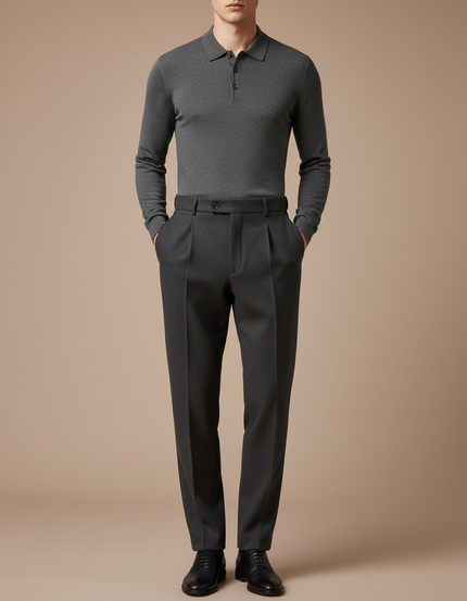 Pantalon Gris Laine Plissé Droit Élégant Homme