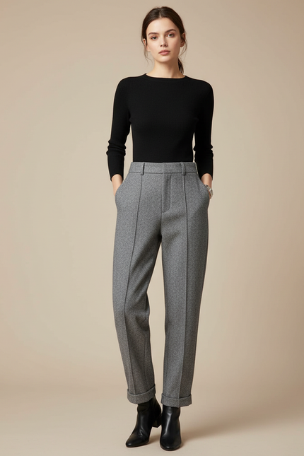 Pantalon Gris Tweed Droit Taille Haute Femme