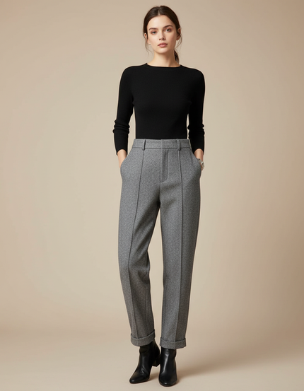 Pantalon Gris Tweed Droit Taille Haute Femme