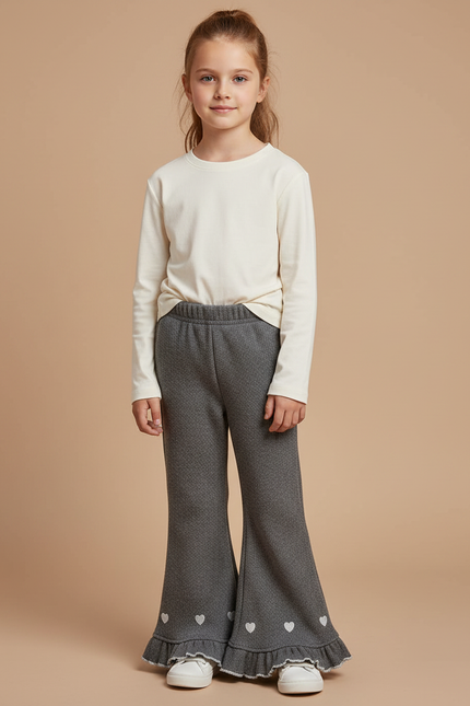 Pantalon Gris Évasé Côtelé Coeurs Fille - Maille
