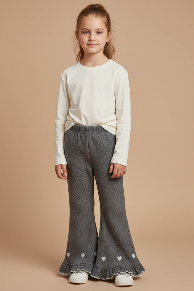 Pantalon Gris Évasé Côtelé Coeurs Fille - Maille