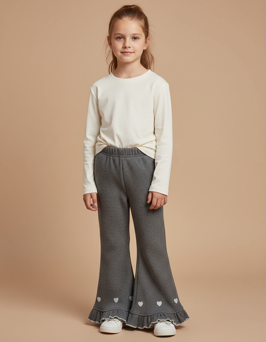 Pantalon Gris Évasé Côtelé Coeurs Fille - Maille