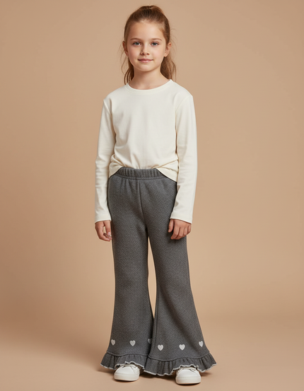 Pantalon Gris Évasé Côtelé Coeurs Fille - Maille