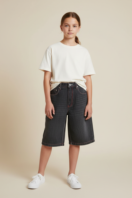Pantalon Gris Ample Denim Coutures Rouges Enfant - Jean