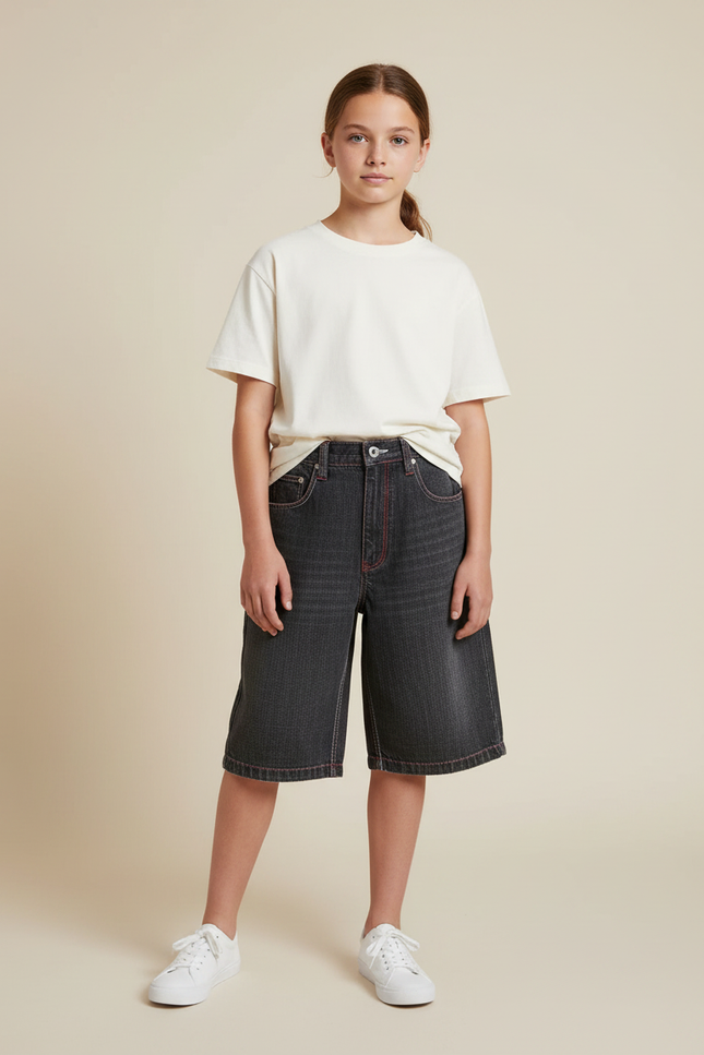Pantalon Gris Ample Denim Coutures Rouges Enfant - Jean