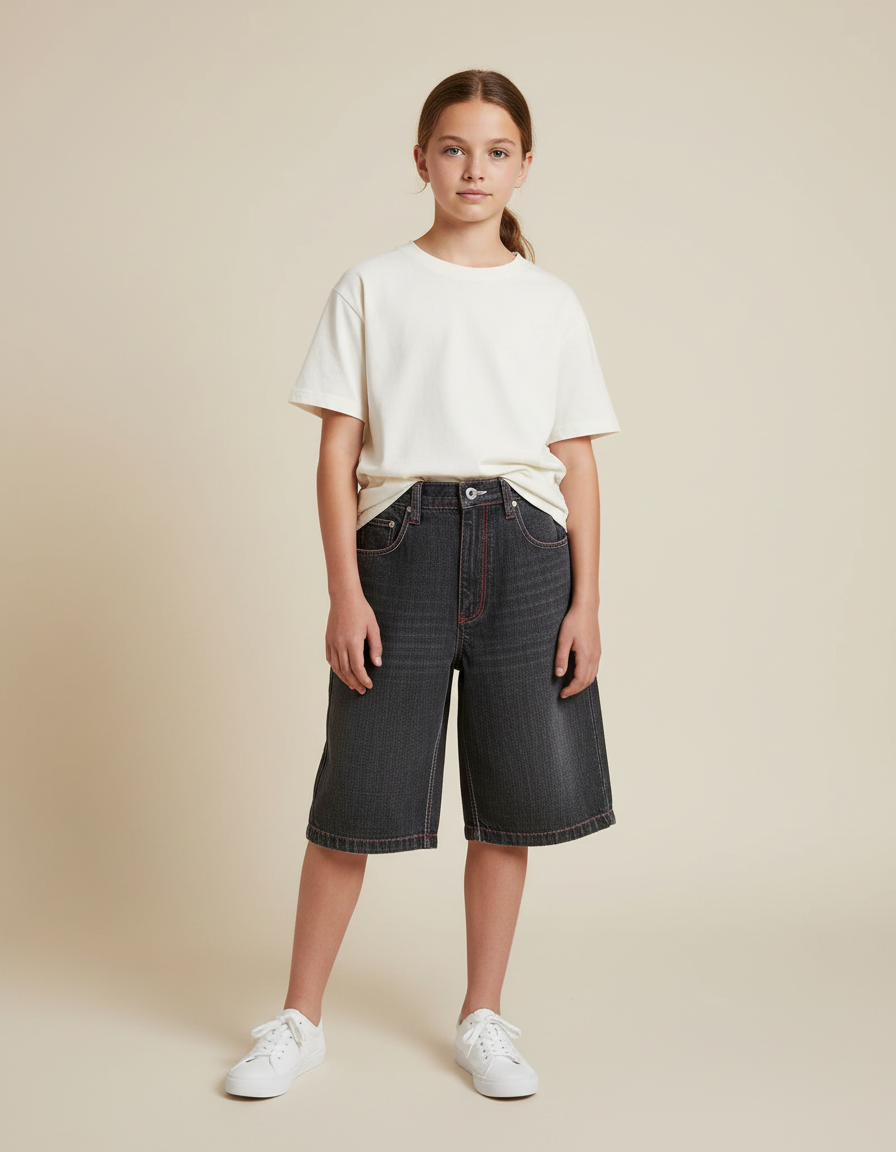 Pantalon Gris Ample Denim Coutures Rouges Enfant - Jean
