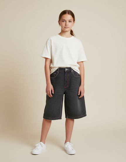 Pantalon Gris Ample Denim Coutures Rouges Enfant - Jean
