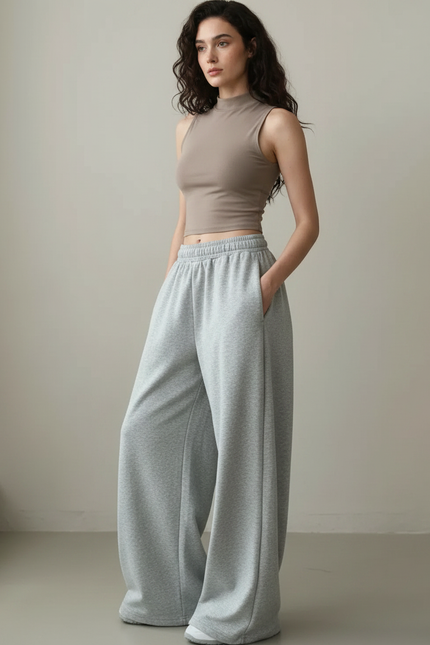 Pantalon Gris Ample Molletonné Streetwear Décontracté Femme