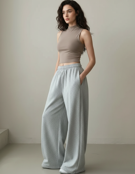 Pantalon Gris Ample Molletonné Streetwear Décontracté Femme