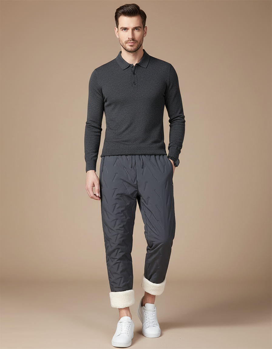 Pantalon Gris Matelassé Doublé Polaire Ample Homme - Polyester