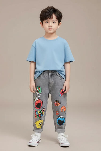 Pantalon Gris Jeans Imprimé Dessins Animés Décontracté