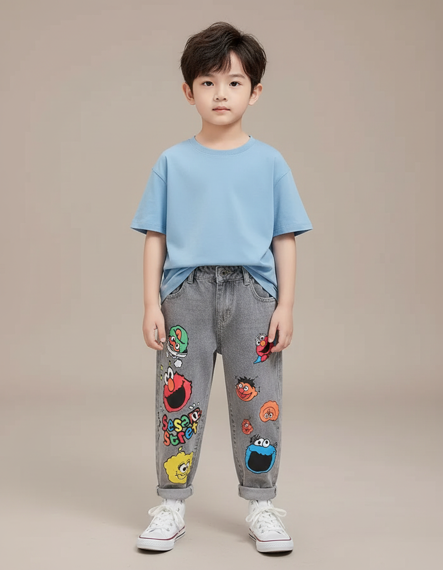 Pantalon Gris Jeans Imprimé Dessins Animés Décontracté
