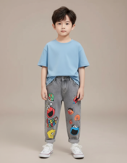 Pantalon Gris Jeans Imprimé Dessins Animés Décontracté