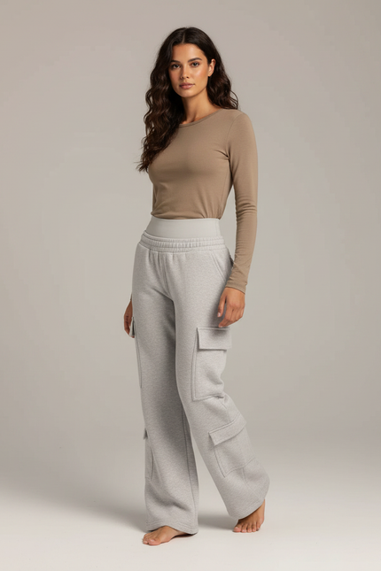 Pantalon Gris Ample Cargo Molletonné Femme
