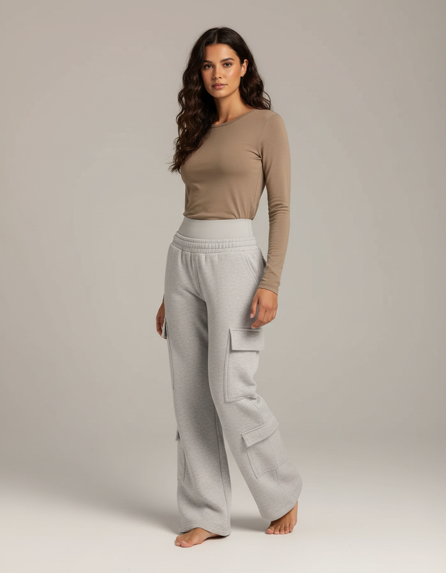 Pantalon Gris Ample Cargo Molletonné Femme