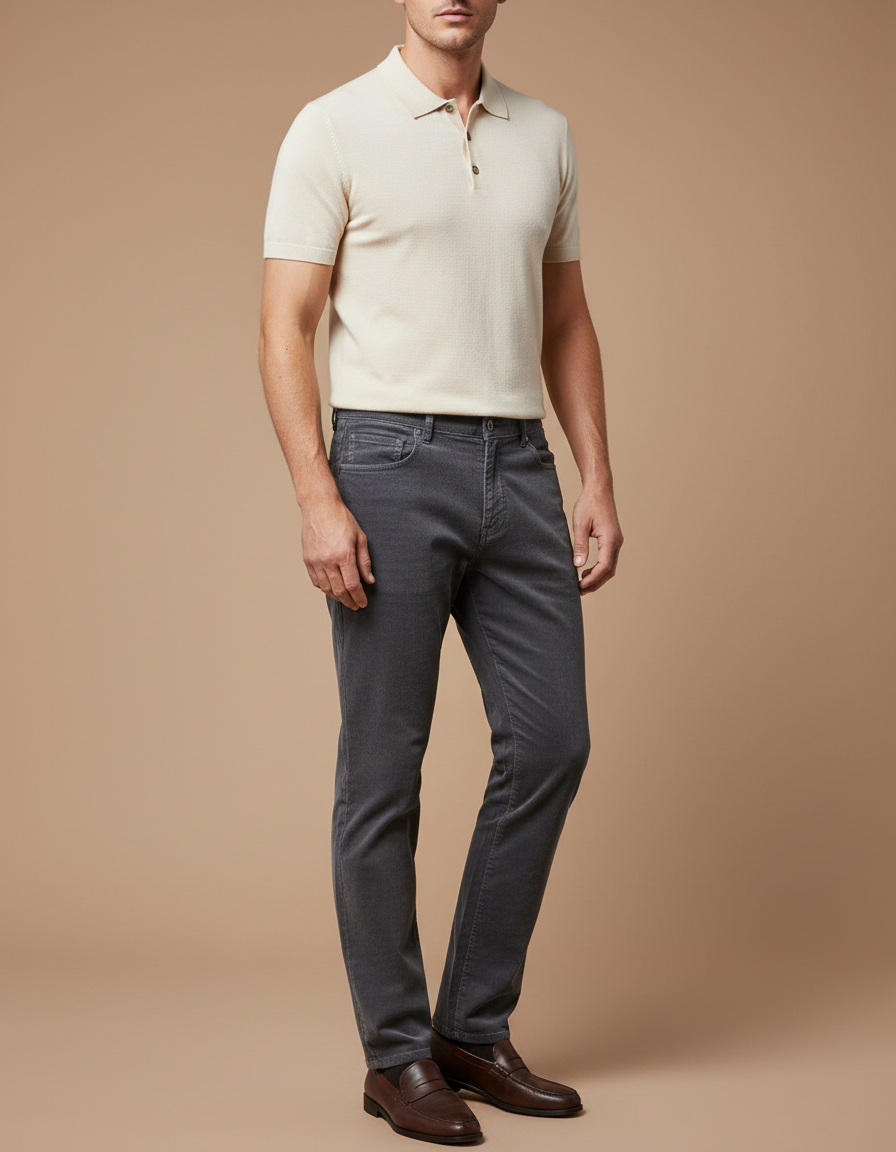 Pantalon Gris Côtelé Slim Élégant Homme - Cordé