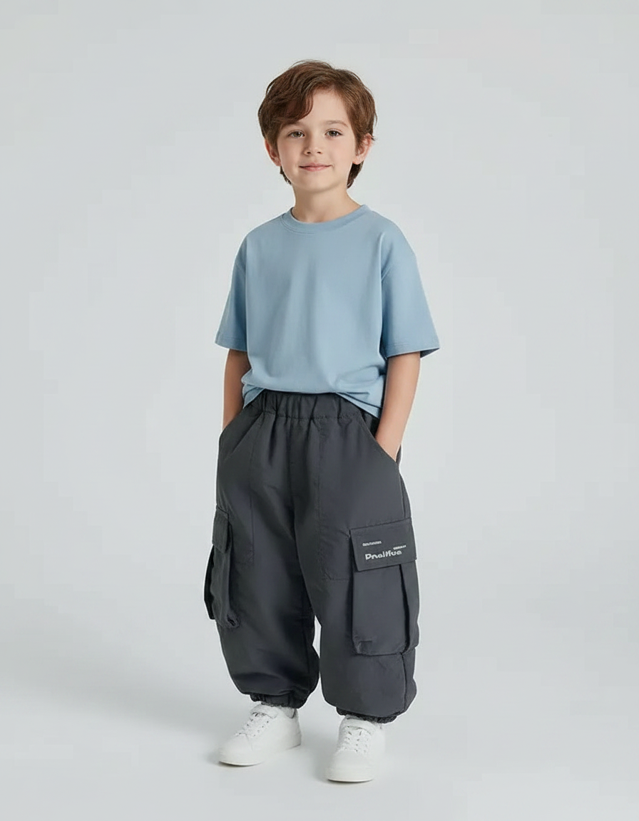 Pantalon Gris Cargo Ample Hiver Chaud Enfant - Polyester