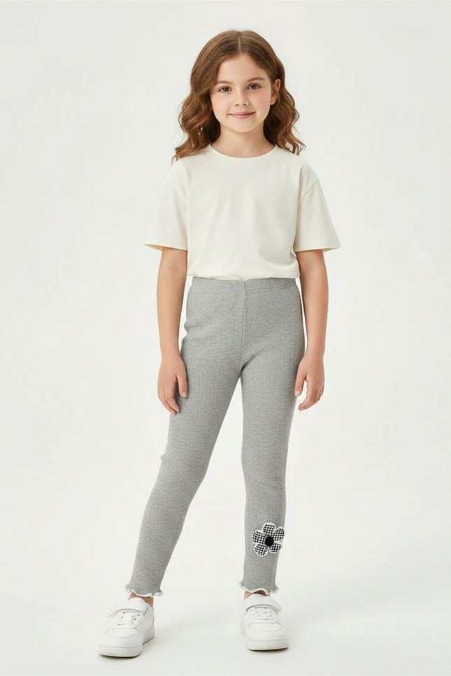 Pantalon Gris Côtelé Skinny À Fleur Enfant - Maille