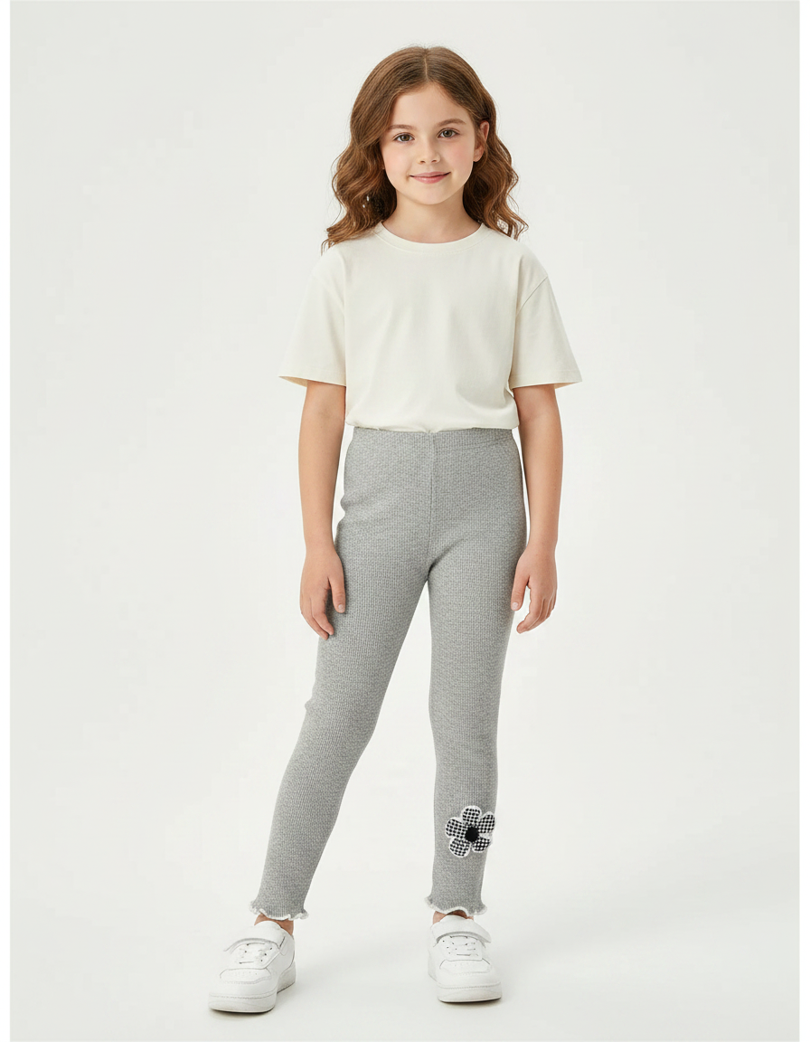 Pantalon Gris Côtelé Skinny À Fleur Enfant - Maille