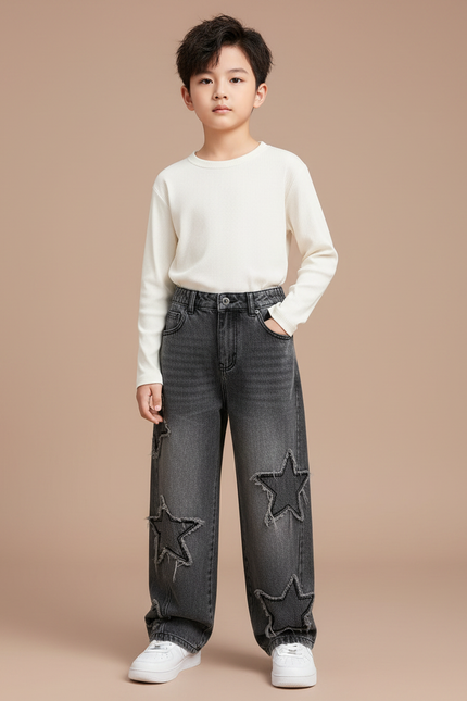 Pantalon Gris Denim Ample Étoiles Déchiré Enfant - Jean