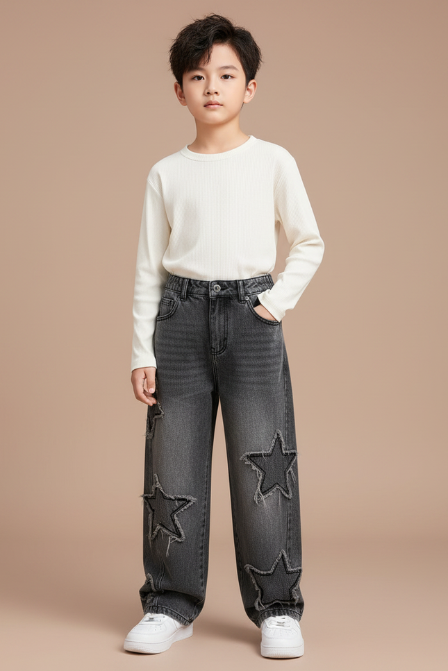 Pantalon Gris Denim Ample Étoiles Déchiré Enfant - Jean