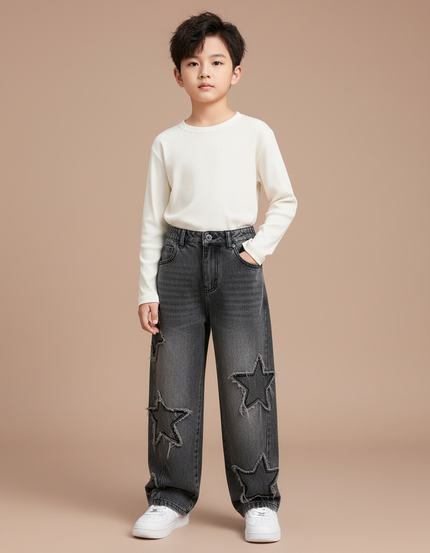Pantalon Gris Denim Ample Étoiles Déchiré Enfant - Jean