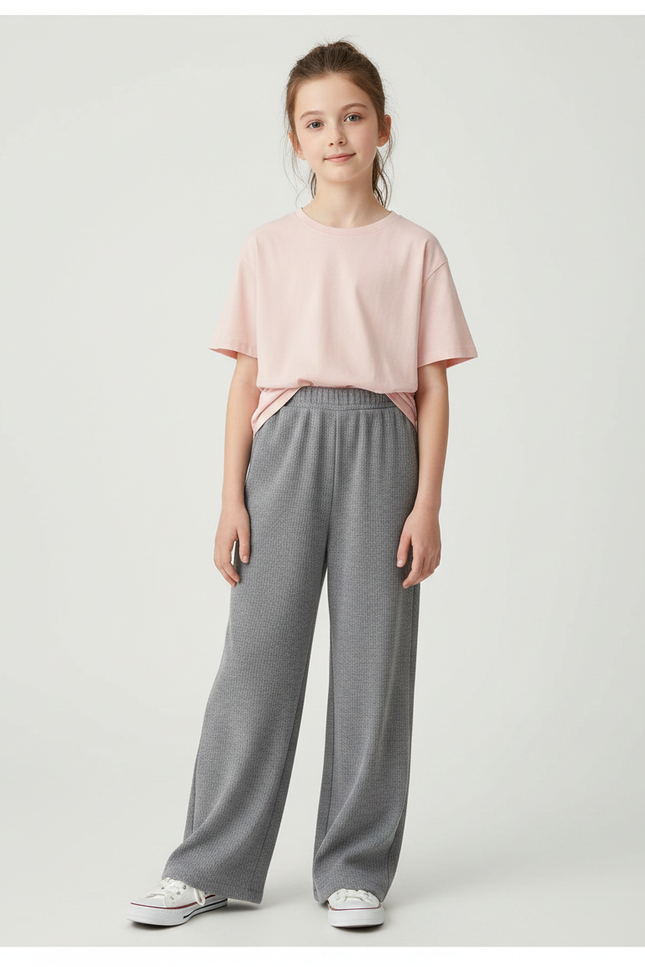 Pantalon Gris Ample Décontracté Confortable Côtelé Enfant - Maille