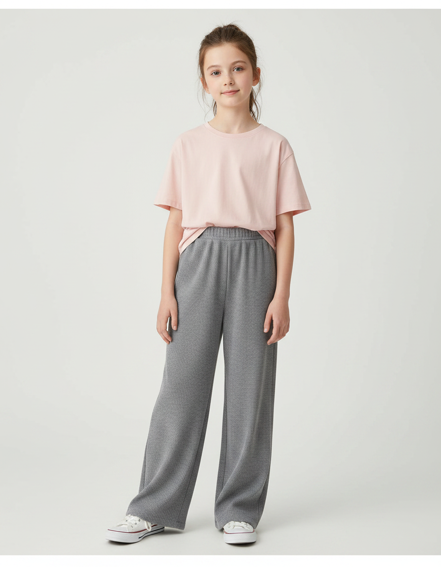 Pantalon Gris Ample Décontracté Confortable Côtelé Enfant - Maille