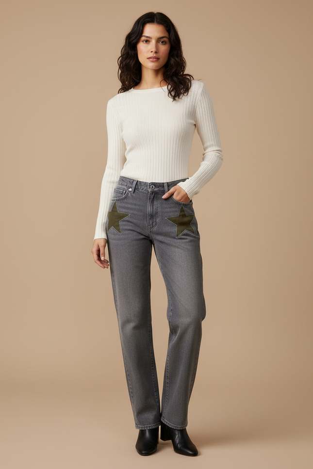 Pantalon Gris Étoiles Droite Denim Femme - Jean