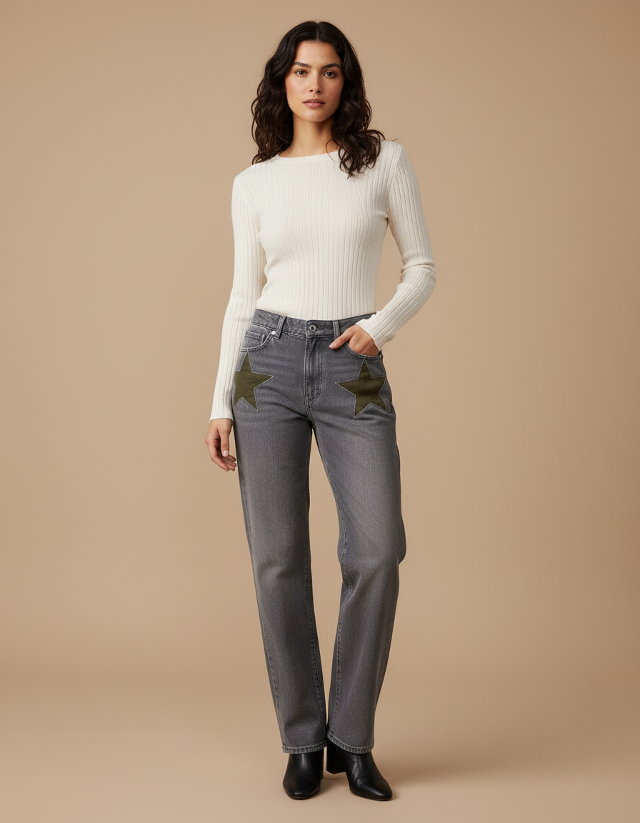 Pantalon Gris Étoiles Droite Denim Femme - Jean