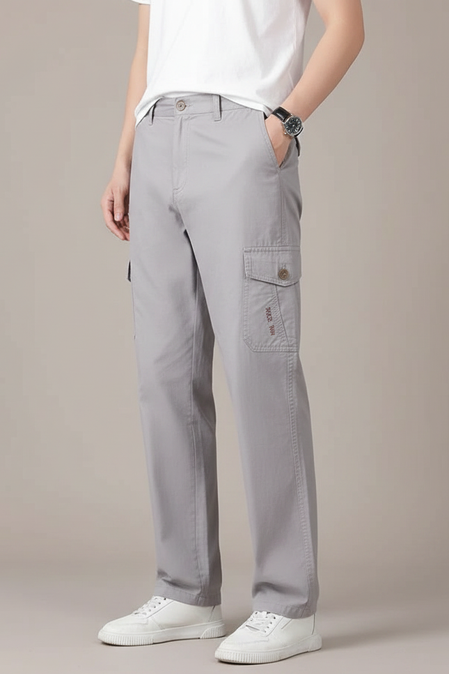 Pantalon Gris Cargo Décontracté Ample Coton Uni - Toile
