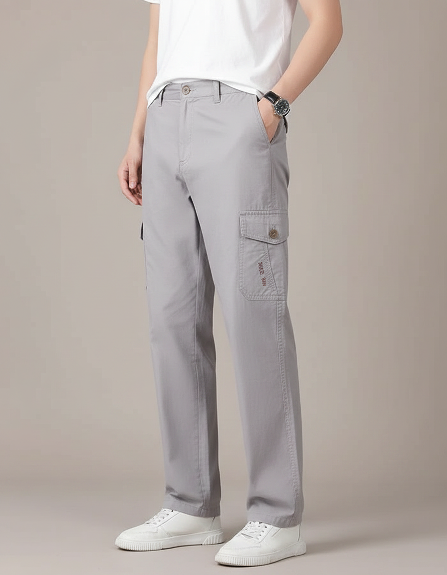 Pantalon Gris Cargo Décontracté Ample Coton Uni - Toile