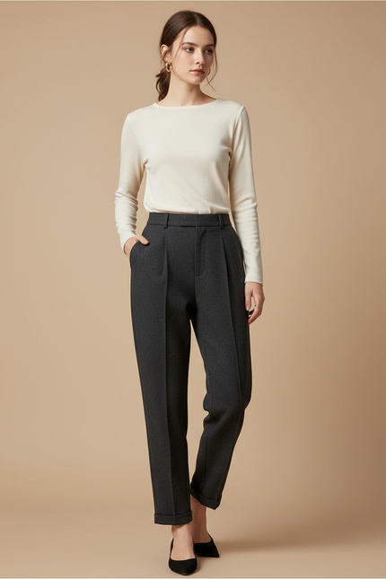 Pantalon Gris Droit Taille Haute Tweed Femme
