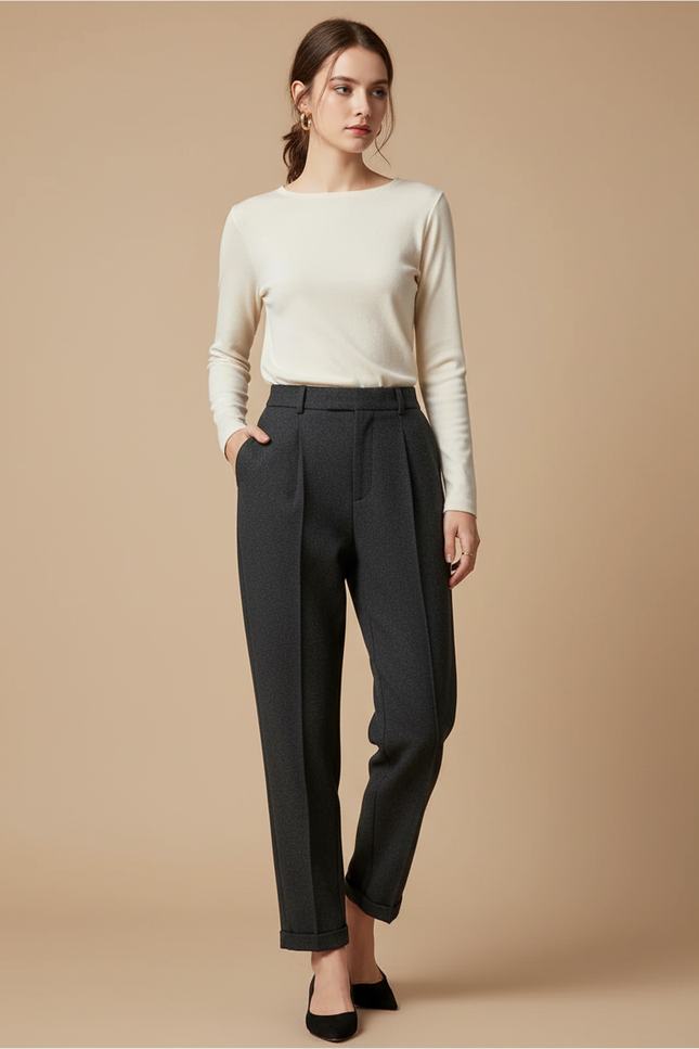 Pantalon Gris Droit Taille Haute Tweed Femme