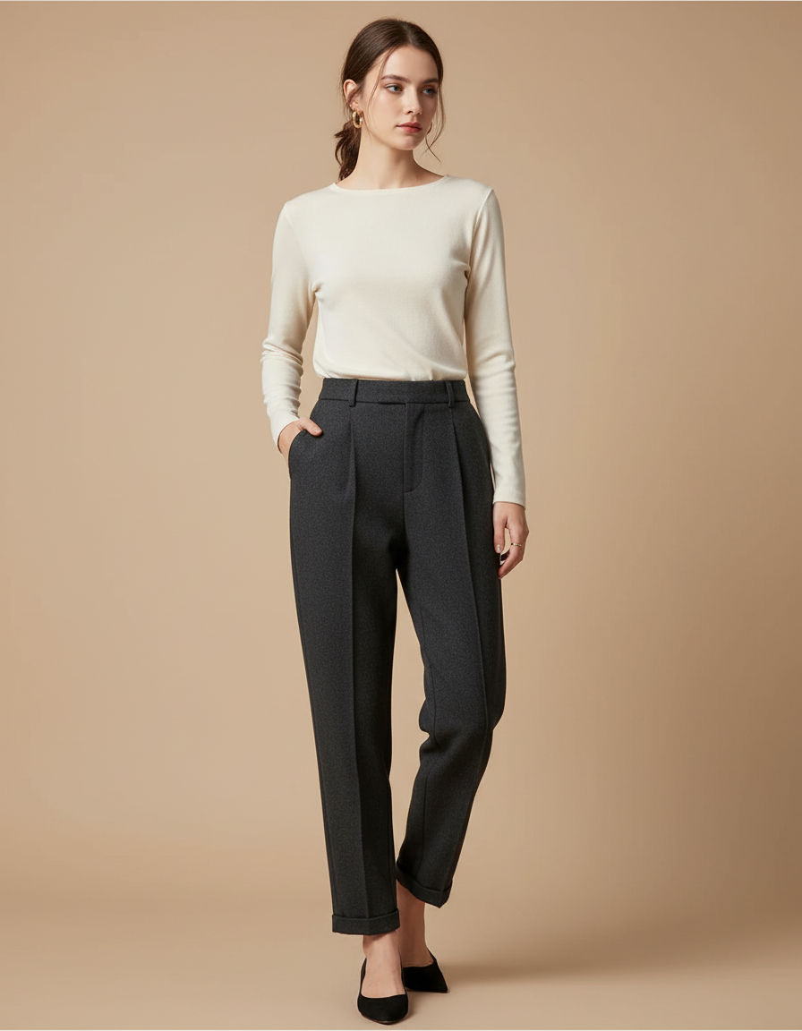 Pantalon Gris Droit Taille Haute Tweed Femme