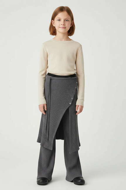 Pantalon Gris Côtelé Jupe-Pantalon Boutons Fille Moderne - Maille