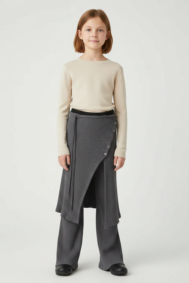 Pantalon Gris Côtelé Jupe-Pantalon Boutons Fille Moderne - Maille