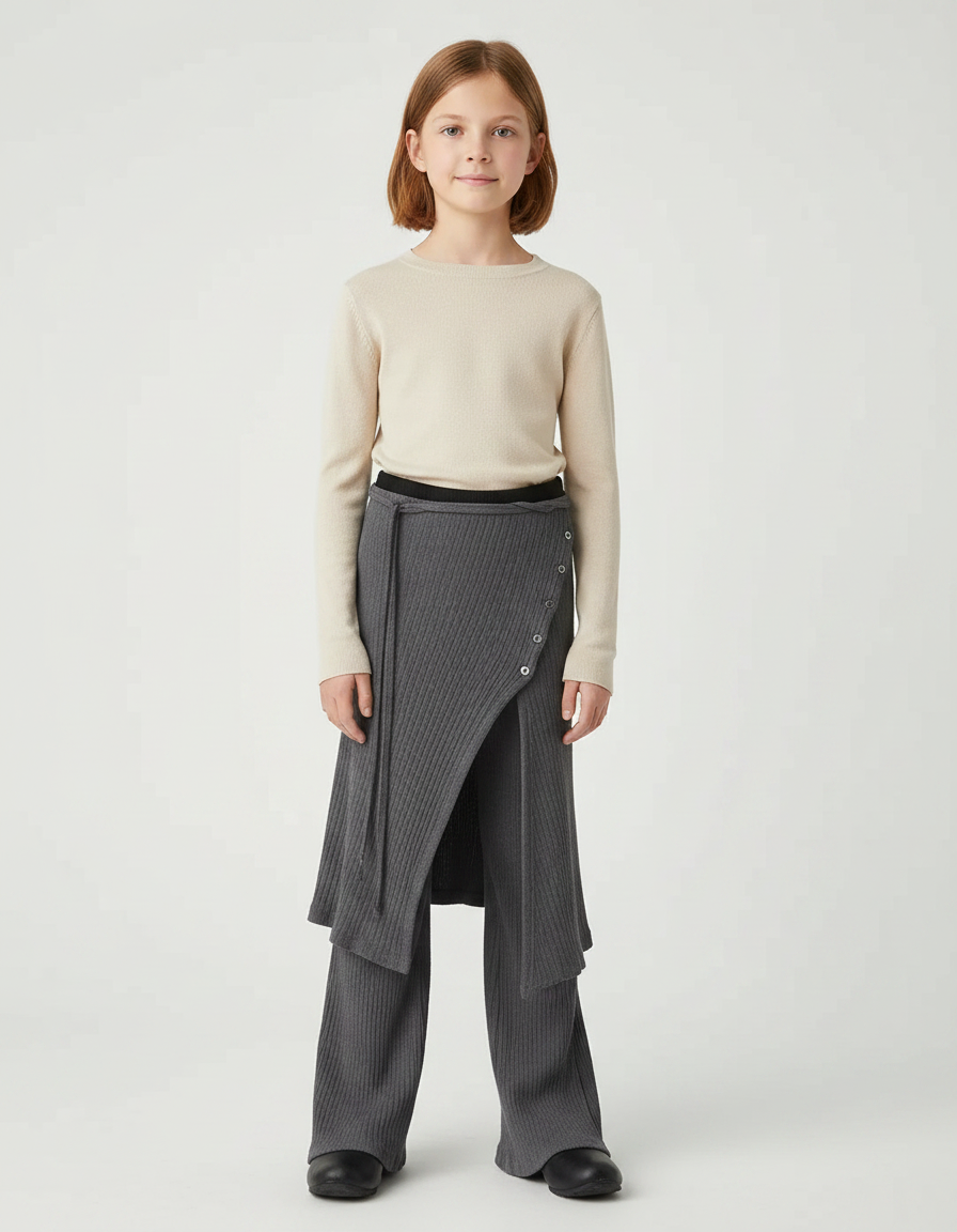 Pantalon Gris Côtelé Jupe-Pantalon Boutons Fille Moderne - Maille