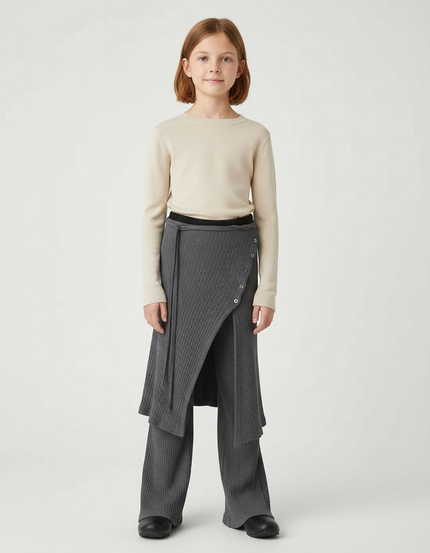 Pantalon Gris Côtelé Jupe-Pantalon Boutons Fille Moderne - Maille