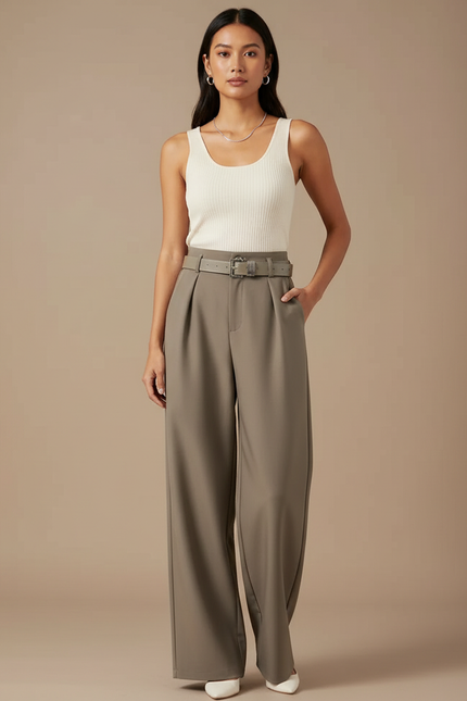 Pantalon Gris Ample Taille Haute Ceinturé Droit - Kaki Polyester
