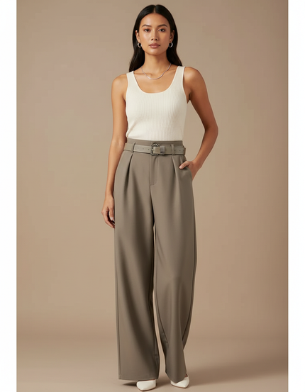 Pantalon Gris Ample Taille Haute Ceinturé Droit - Kaki Polyester