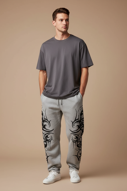Pantalon Gris Molletonné Ample Imprimé Tribal Homme