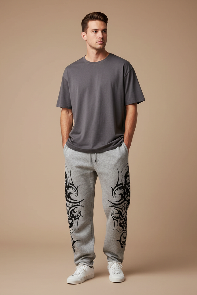 Pantalon Gris Molletonné Ample Imprimé Tribal Homme