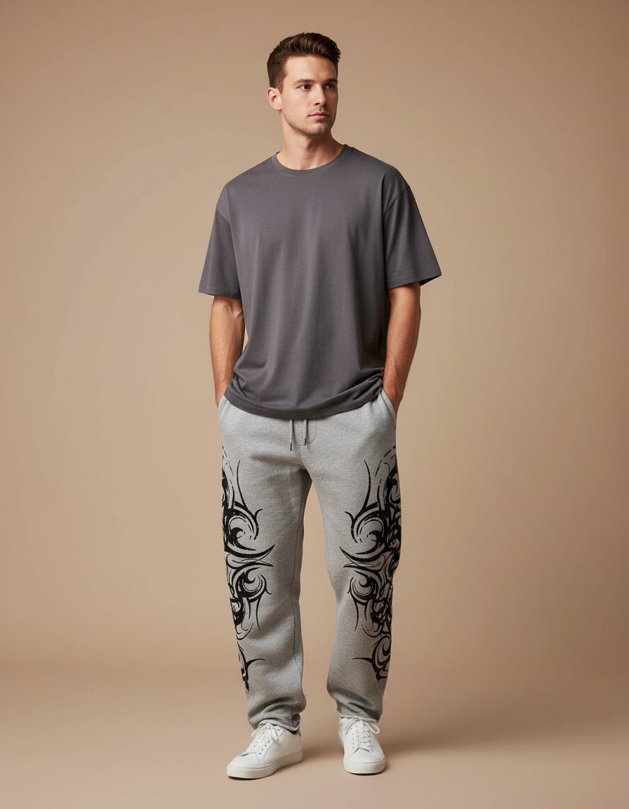 Pantalon Gris Molletonné Ample Imprimé Tribal Homme