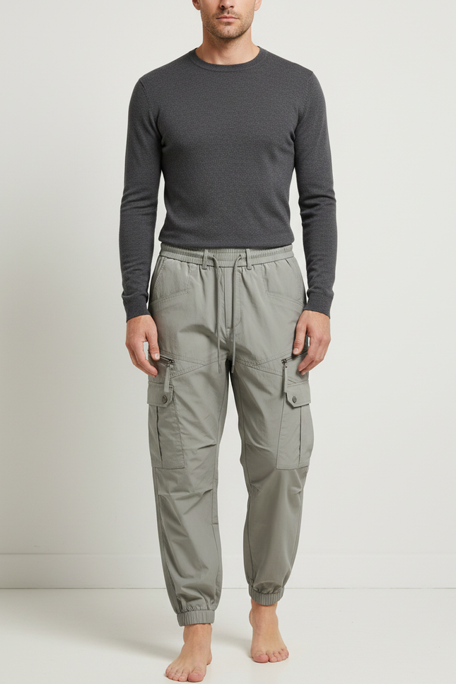 Pantalon Gris Cargo Homme Cordon Zippé Sport Jogging - Polyester