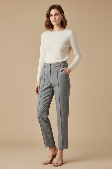 Pantalon Gris Droit Élégant Taille Haute Femme - Tweed