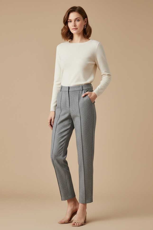 Pantalon Gris Droit Élégant Taille Haute Femme - Tweed