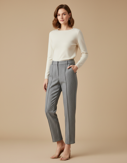 Pantalon Gris Droit Élégant Taille Haute Femme - Tweed